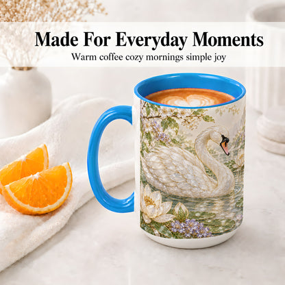 #pl[15oz|Blue] Swan Pond Floral Accent Mug, Ceramic Drinkware for Nature Lovers