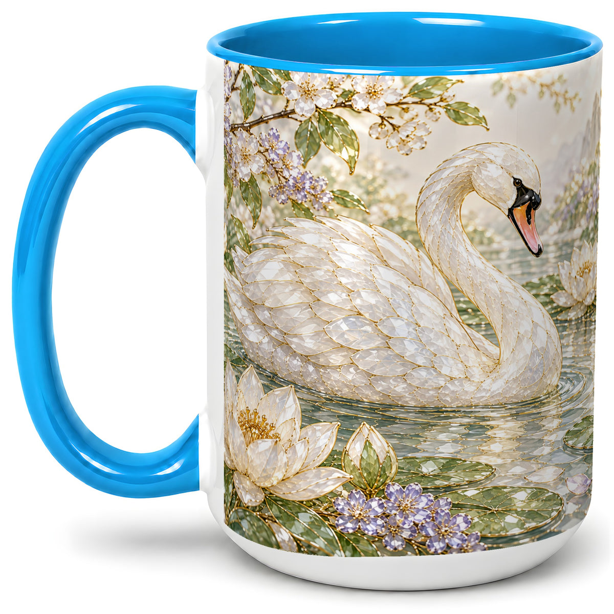 #pl[15oz|Blue] Swan Pond Floral Accent Mug, Ceramic Drinkware for Nature Lovers