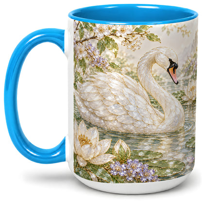 #pl[15oz|Blue] Swan Pond Floral Accent Mug, Ceramic Drinkware for Nature Lovers
