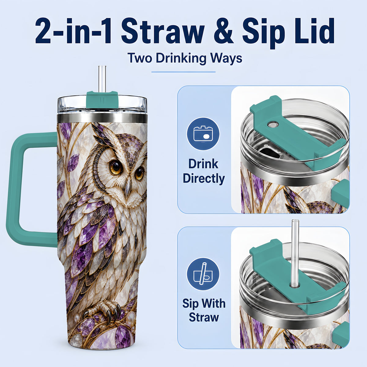 #pl[40oz|Green] Purple Owl 40oz Tumbler, Drinkware for Owl Lovers