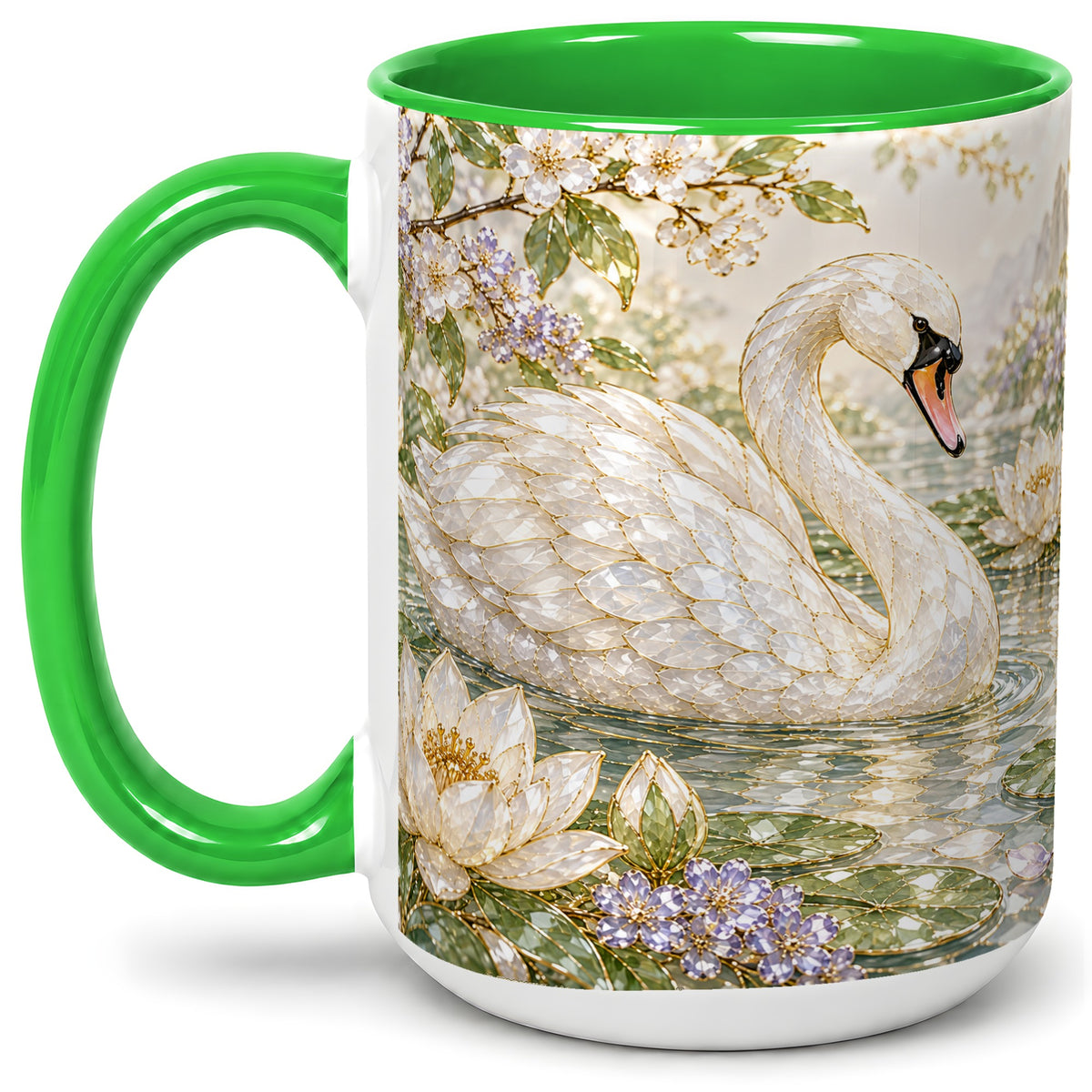 #pl[15oz|Green] Swan Pond Floral Accent Mug, Ceramic Drinkware for Nature Lovers