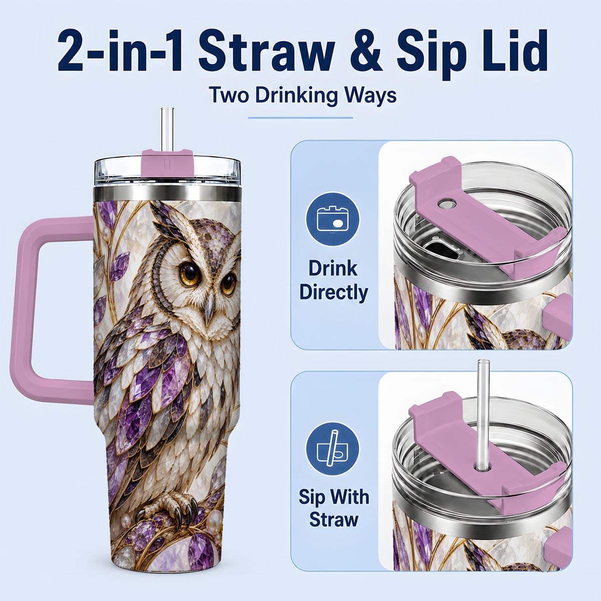 #pl[40oz|Pink] Purple Owl 40oz Tumbler, Drinkware for Owl Lovers