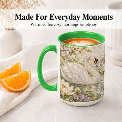 #pl[15oz|Green] Swan Pond Floral Accent Mug, Ceramic Drinkware for Nature Lovers