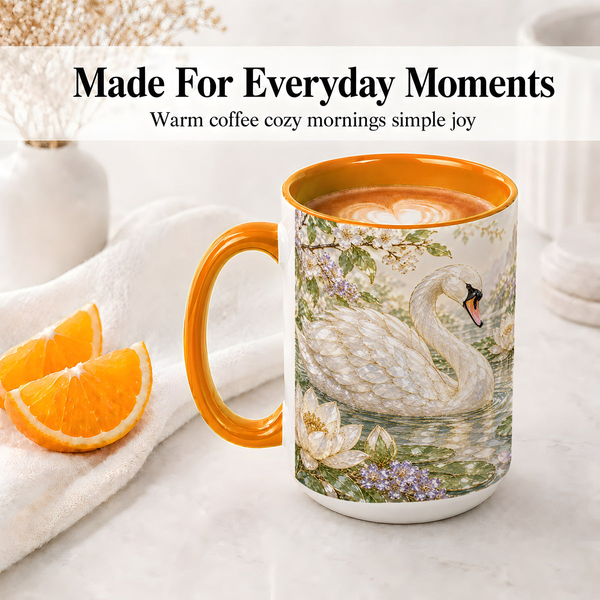 #pl[15oz|Orange] Swan Pond Floral Accent Mug, Ceramic Drinkware for Nature Lovers