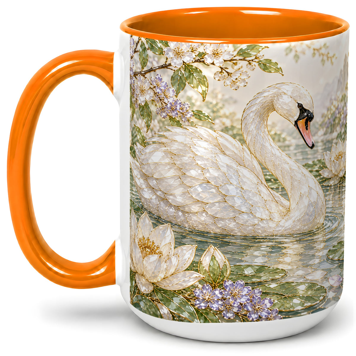 #pl[15oz|Orange] Swan Pond Floral Accent Mug, Ceramic Drinkware for Nature Lovers