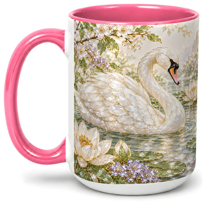 #pl[15oz|Pink] Swan Pond Floral Accent Mug, Ceramic Drinkware for Nature Lovers