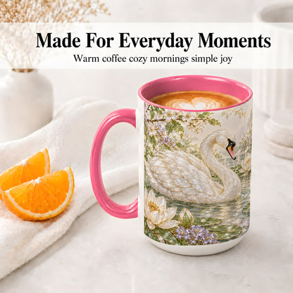 #pl[15oz|Pink] Swan Pond Floral Accent Mug, Ceramic Drinkware for Nature Lovers