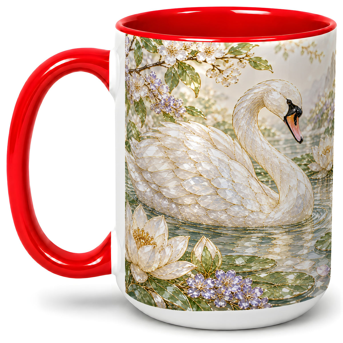 #pl[15oz|Red] Swan Pond Floral Accent Mug, Ceramic Drinkware for Nature Lovers
