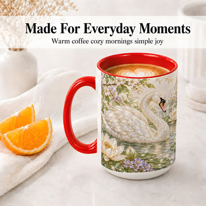 #pl[15oz|Red] Swan Pond Floral Accent Mug, Ceramic Drinkware for Nature Lovers