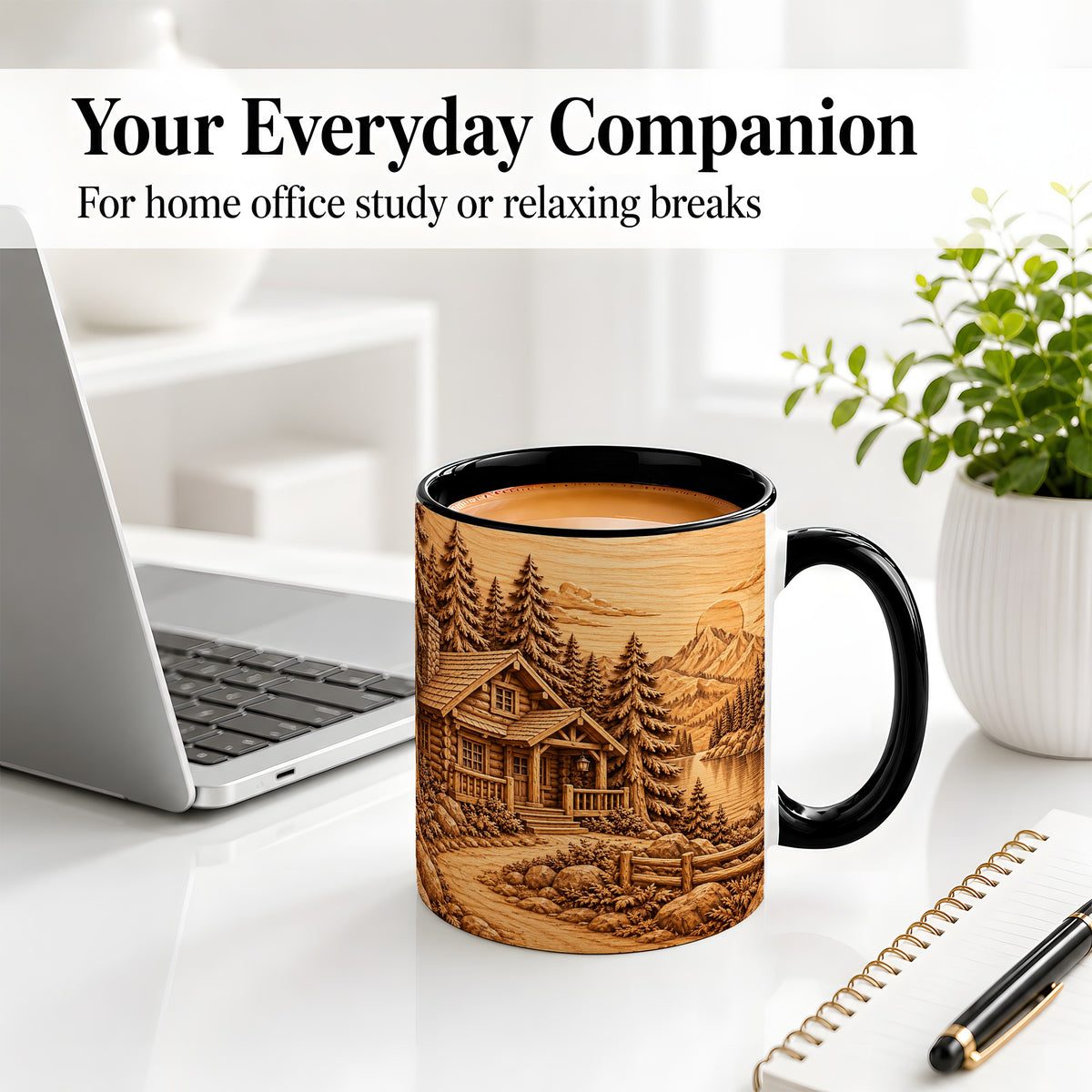 #pl[11oz|Black] Rustic Cabin Accent Mug, Ceramic Drinkware for Mountain Lovers