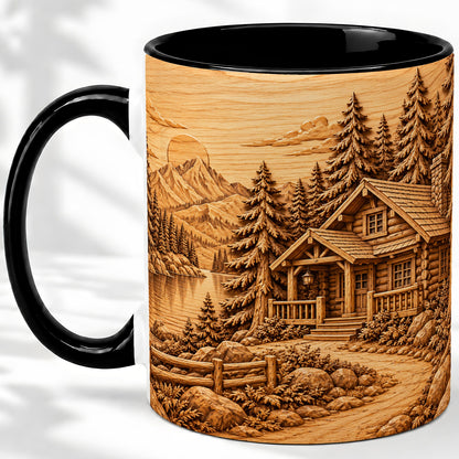 #pl[11oz|Black] Rustic Cabin Accent Mug, Ceramic Drinkware for Mountain Lovers
