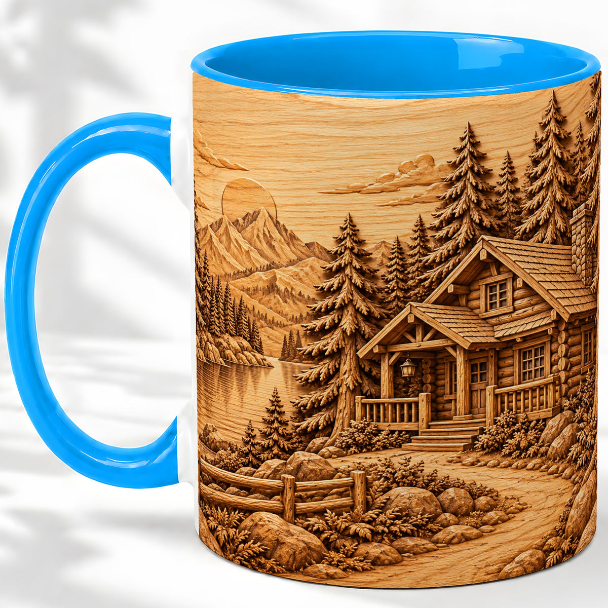 #pl[11oz|Blue] Rustic Cabin Accent Mug, Ceramic Drinkware for Mountain Lovers