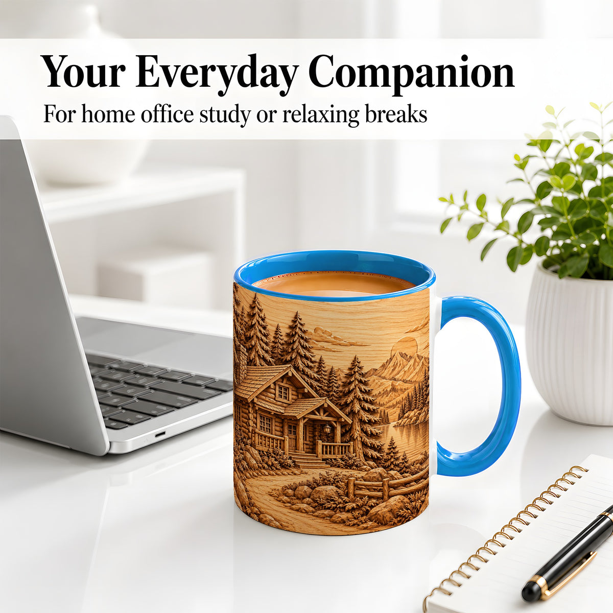 #pl[11oz|Blue] Rustic Cabin Accent Mug, Ceramic Drinkware for Mountain Lovers