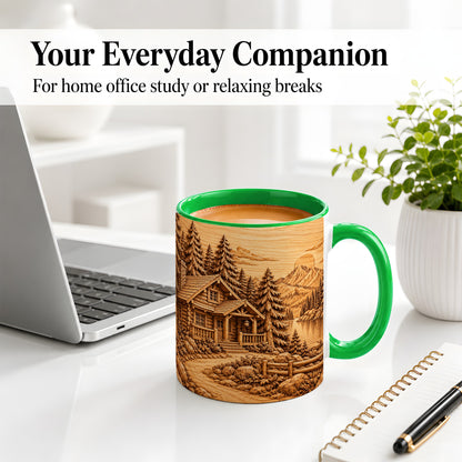 #pl[11oz|Green] Rustic Cabin Accent Mug, Ceramic Drinkware for Mountain Lovers