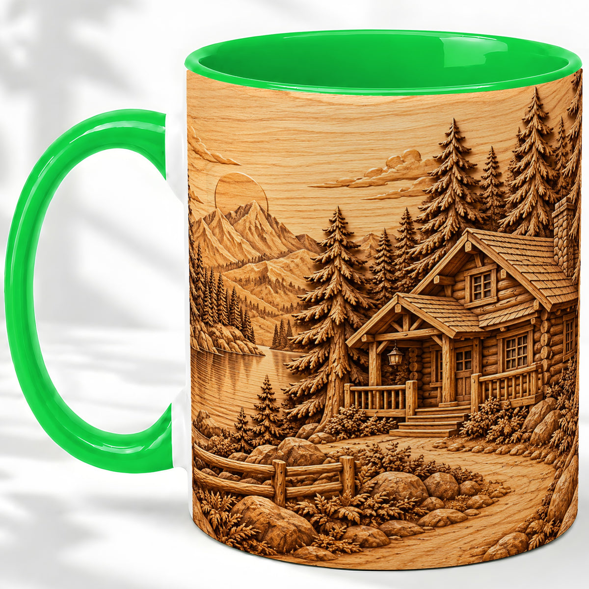 #pl[11oz|Green] Rustic Cabin Accent Mug, Ceramic Drinkware for Mountain Lovers