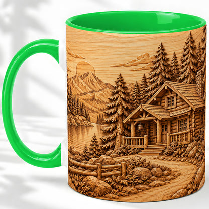 #pl[11oz|Green] Rustic Cabin Accent Mug, Ceramic Drinkware for Mountain Lovers