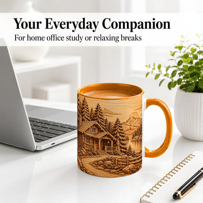 #pl[11oz|Orange] Rustic Cabin Accent Mug, Ceramic Drinkware for Mountain Lovers