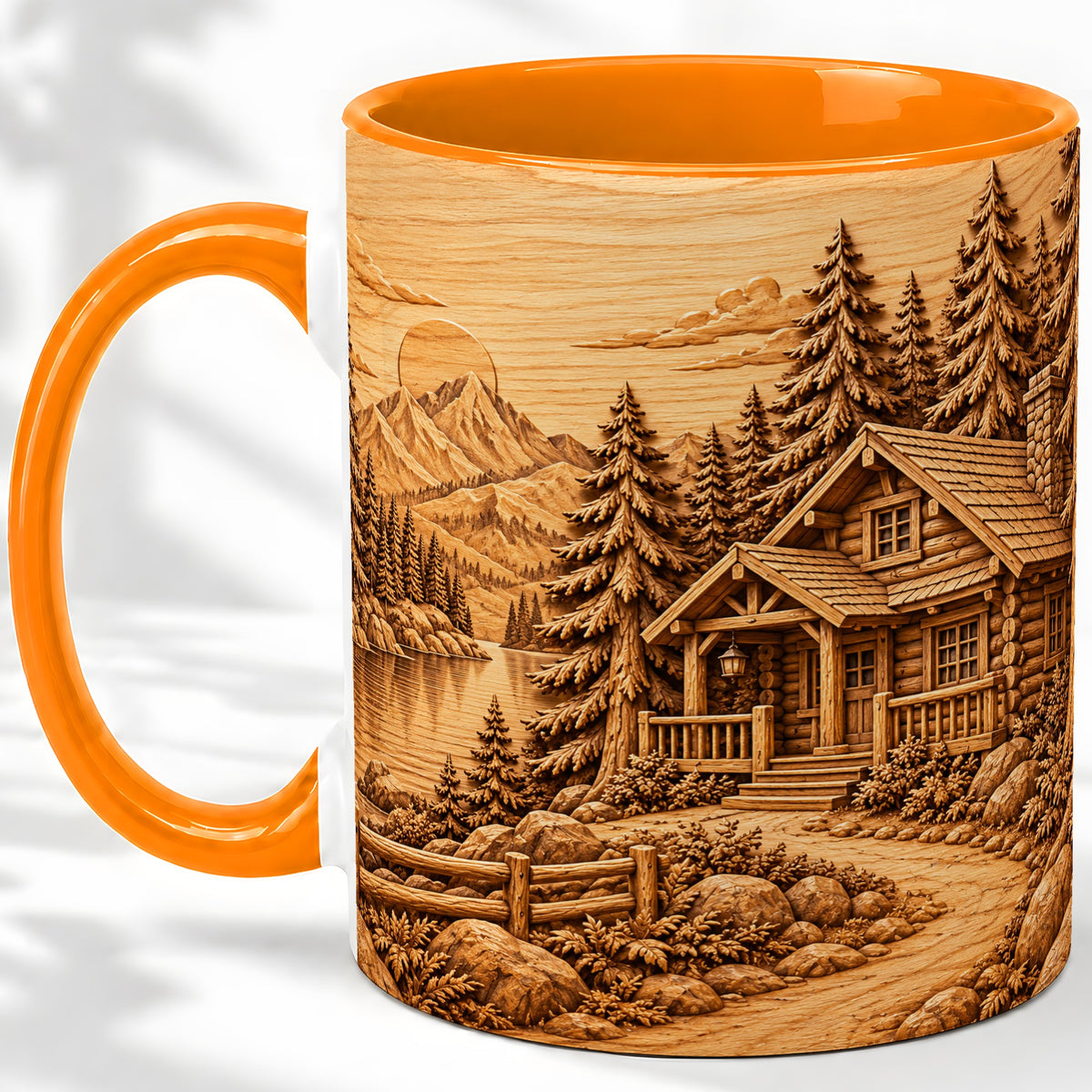 #pl[11oz|Orange] Rustic Cabin Accent Mug, Ceramic Drinkware for Mountain Lovers