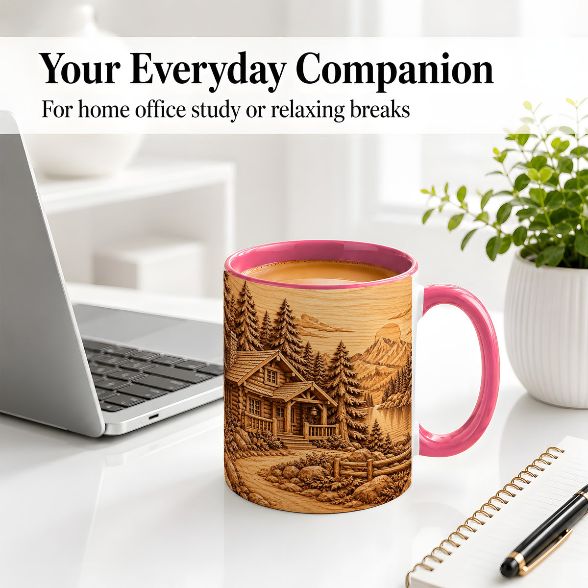 #pl[11oz|Pink] Rustic Cabin Accent Mug, Ceramic Drinkware for Mountain Lovers