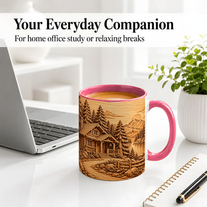 #pl[11oz|Pink] Rustic Cabin Accent Mug, Ceramic Drinkware for Mountain Lovers
