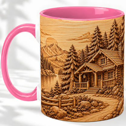 #pl[11oz|Pink] Rustic Cabin Accent Mug, Ceramic Drinkware for Mountain Lovers