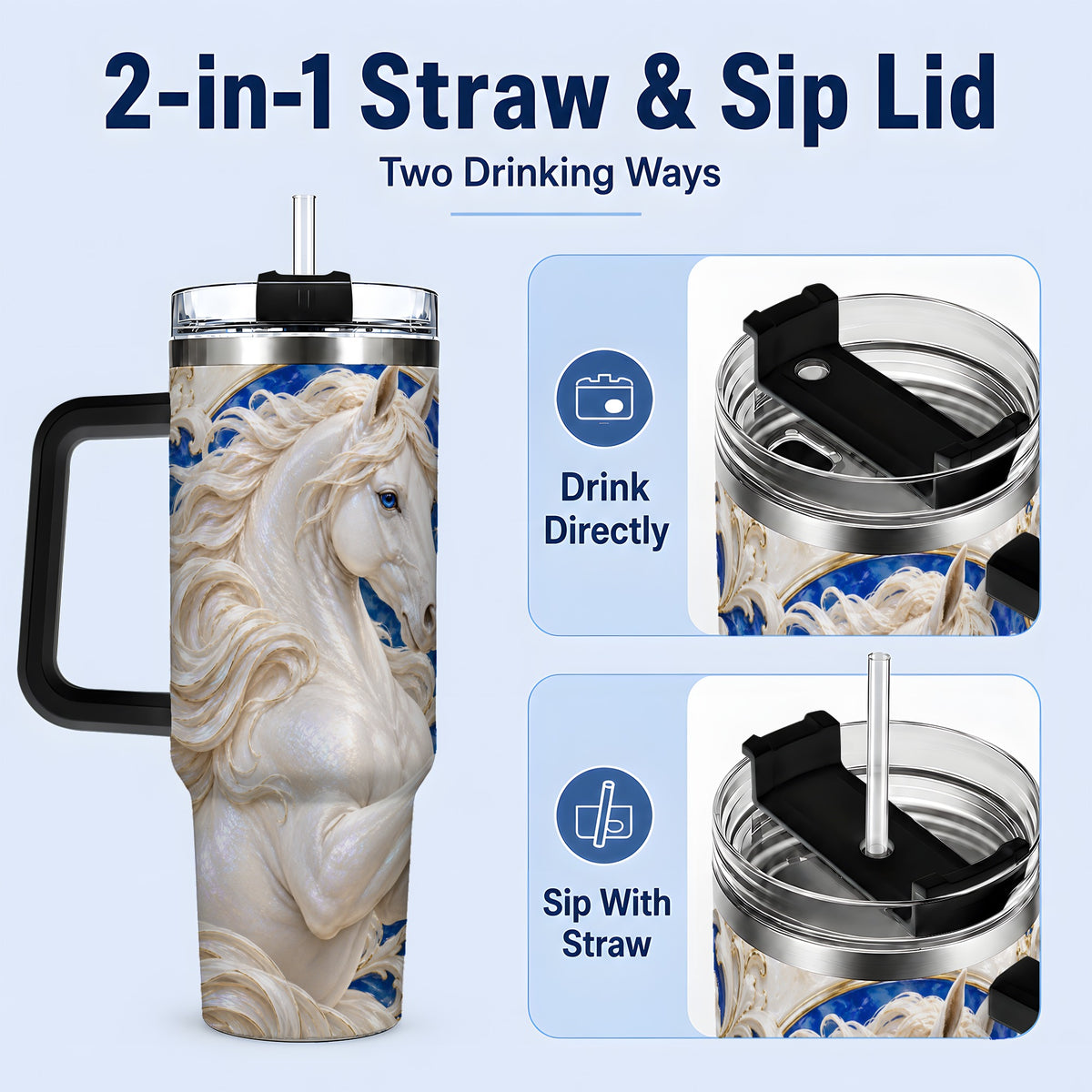 #pl[40oz|Black] White Horse Floral 40oz Tumbler, Drinkware for Horse Lovers