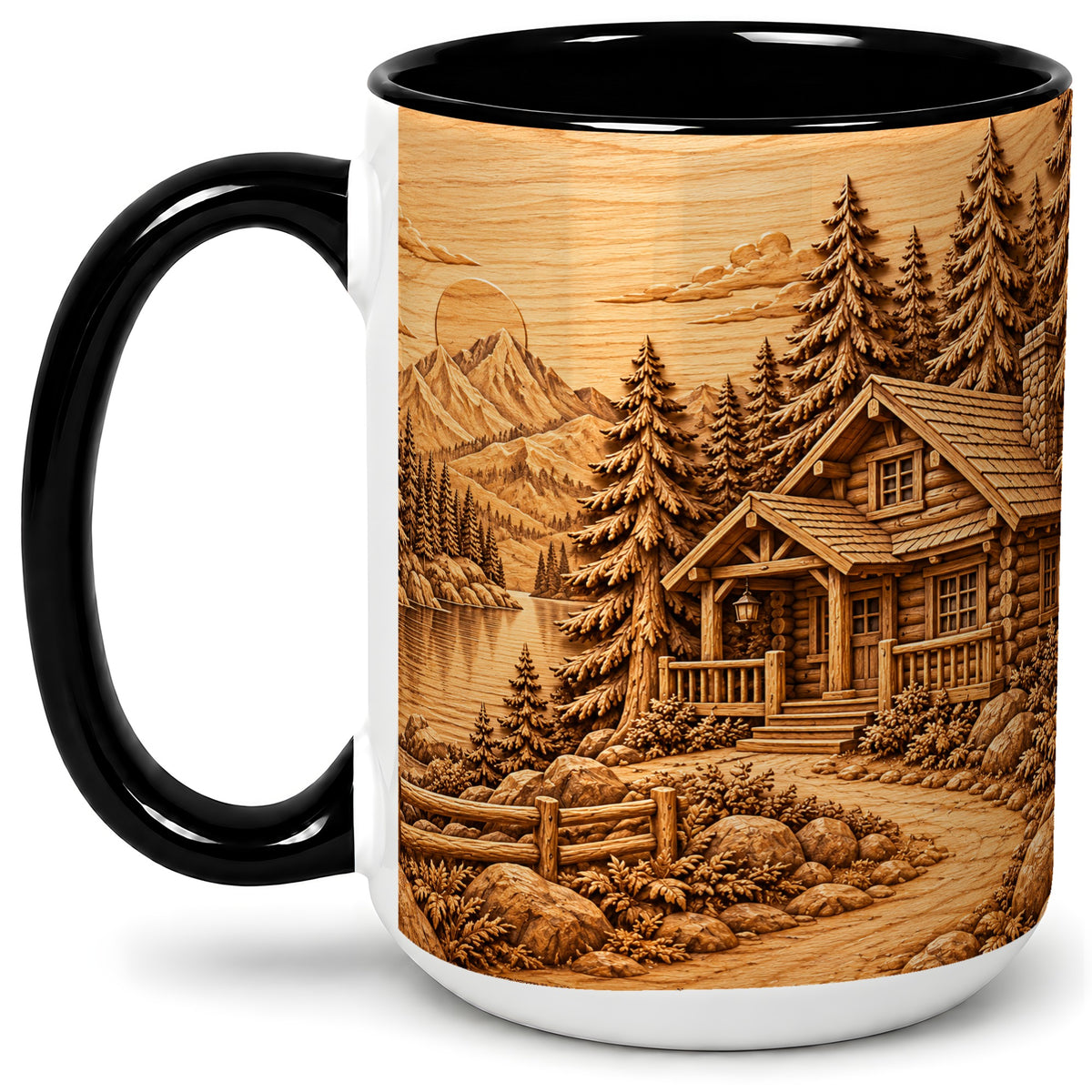 #pl[15oz|Black] Rustic Cabin Accent Mug, Ceramic Drinkware for Mountain Lovers