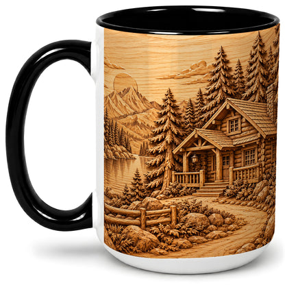 #pl[15oz|Black] Rustic Cabin Accent Mug, Ceramic Drinkware for Mountain Lovers
