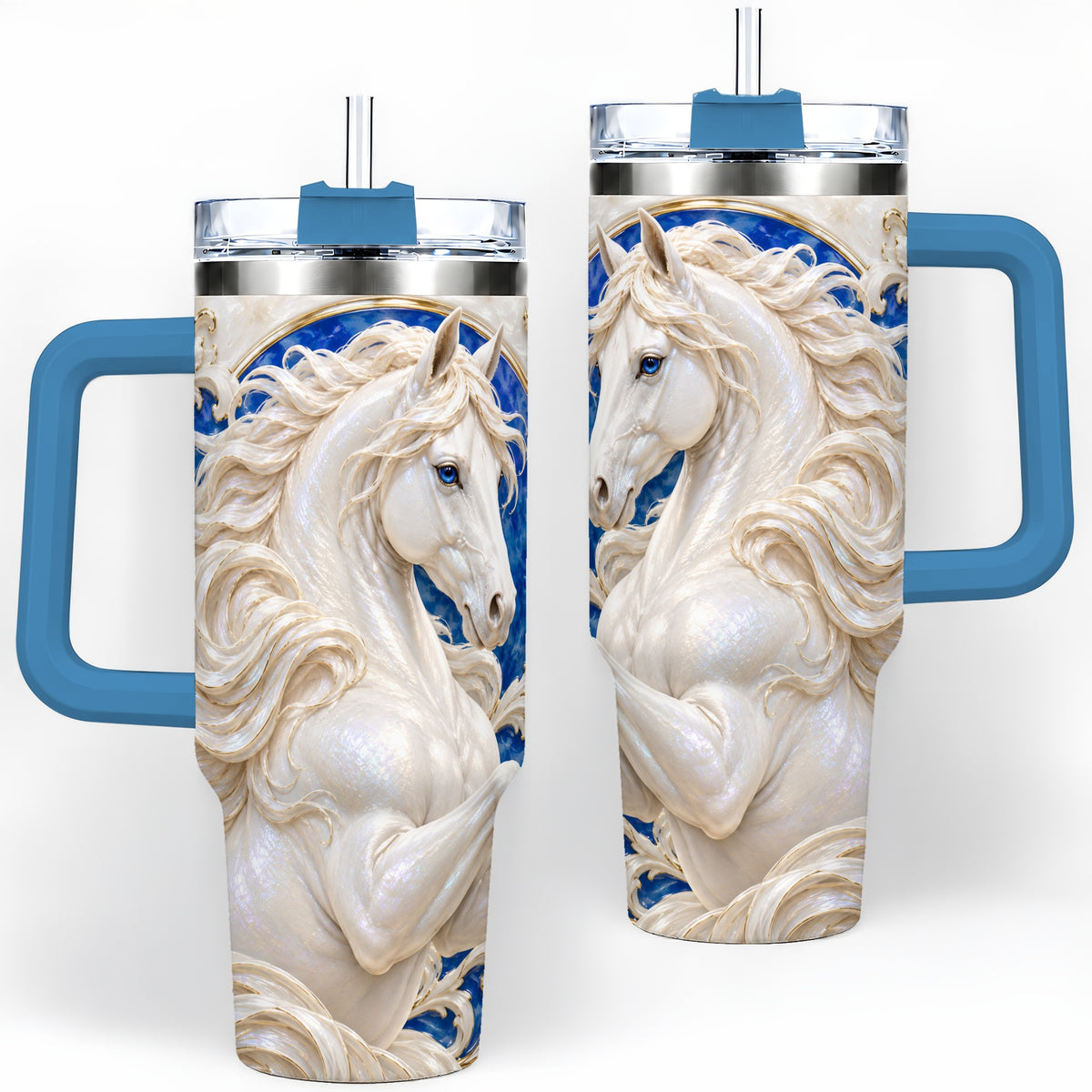 #pl[40oz|Blue] White Horse Floral 40oz Tumbler, Drinkware for Horse Lovers