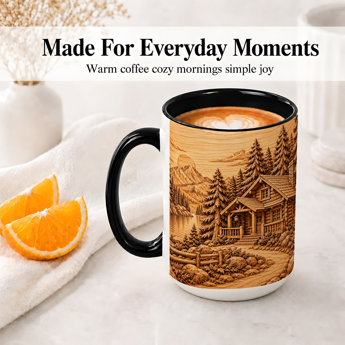 #pl[15oz|Black] Rustic Cabin Accent Mug, Ceramic Drinkware for Mountain Lovers