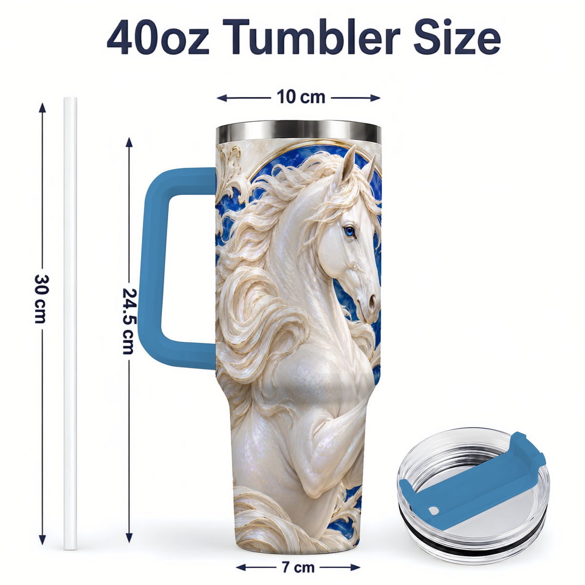 #pl[40oz|Blue] White Horse Floral 40oz Tumbler, Drinkware for Horse Lovers
