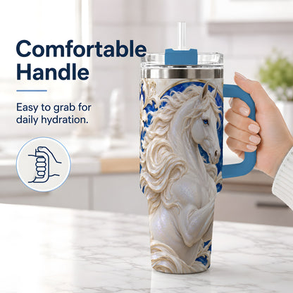 #pl[40oz|Blue] White Horse Floral 40oz Tumbler, Drinkware for Horse Lovers