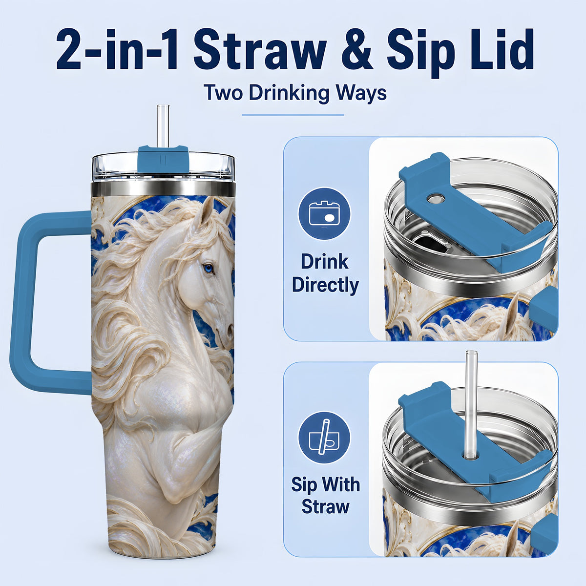 #pl[40oz|Blue] White Horse Floral 40oz Tumbler, Drinkware for Horse Lovers