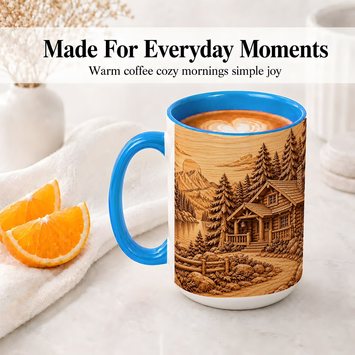 #pl[15oz|Blue] Rustic Cabin Accent Mug, Ceramic Drinkware for Mountain Lovers