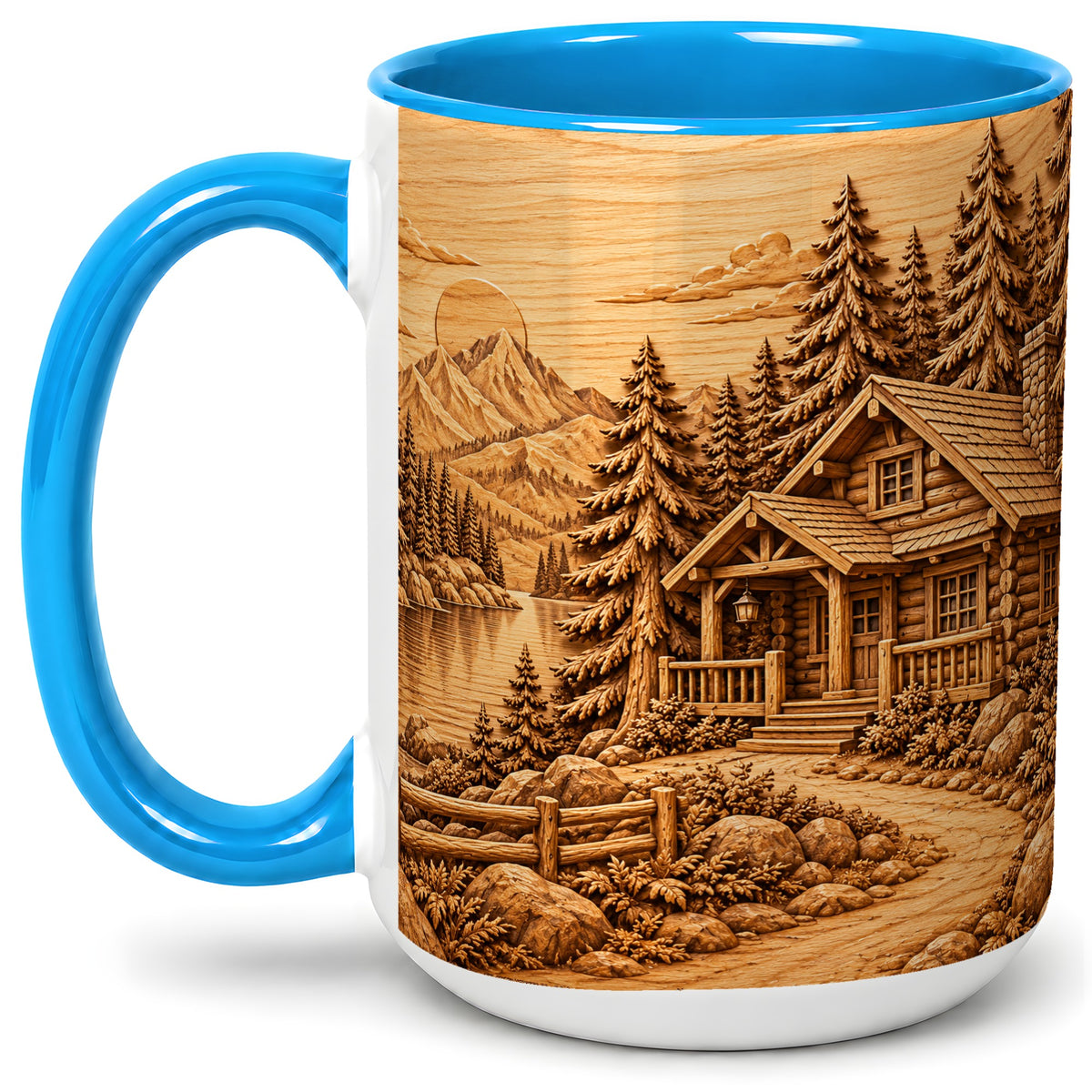 #pl[15oz|Blue] Rustic Cabin Accent Mug, Ceramic Drinkware for Mountain Lovers