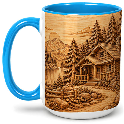 #pl[15oz|Blue] Rustic Cabin Accent Mug, Ceramic Drinkware for Mountain Lovers