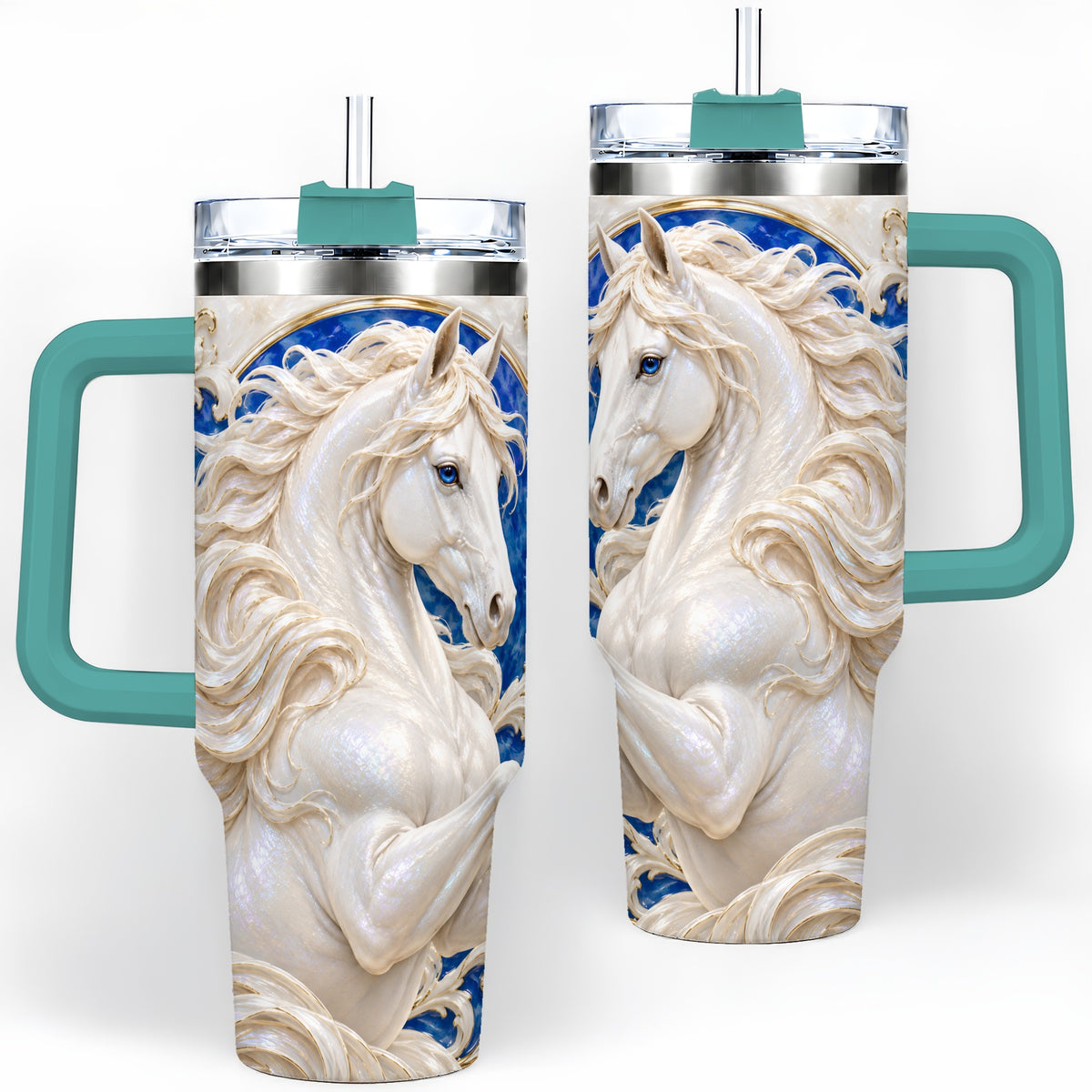 #pl[40oz|Green] White Horse Floral 40oz Tumbler, Drinkware for Horse Lovers