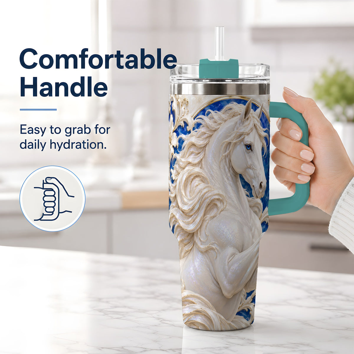 #pl[40oz|Green] White Horse Floral 40oz Tumbler, Drinkware for Horse Lovers