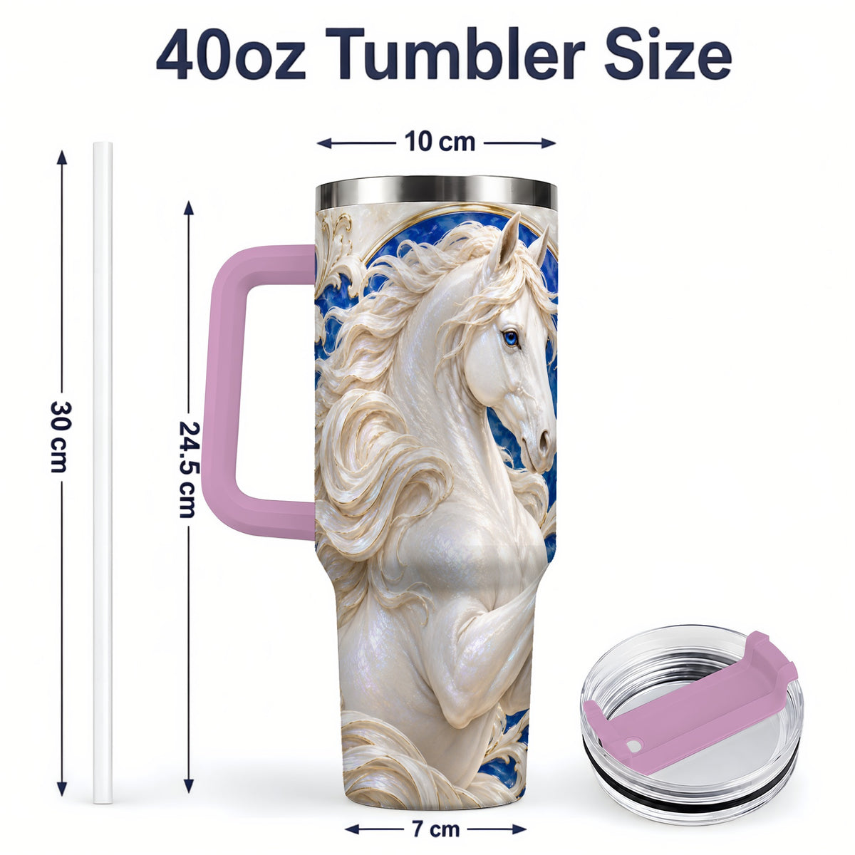 #pl[40oz|Pink] White Horse Floral 40oz Tumbler, Drinkware for Horse Lovers