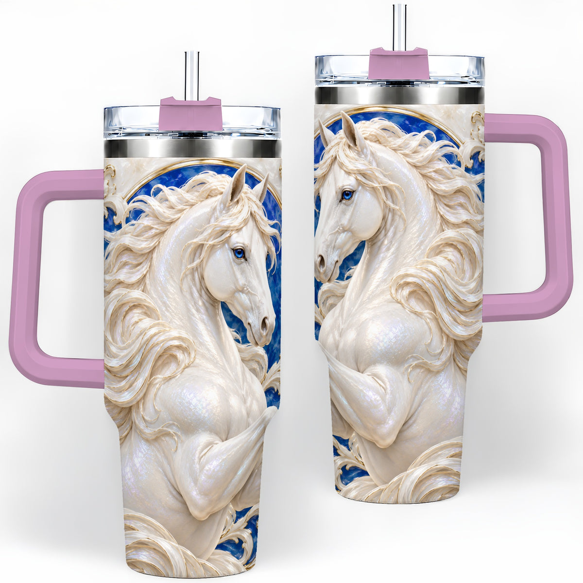 #pl[40oz|Pink] White Horse Floral 40oz Tumbler, Drinkware for Horse Lovers