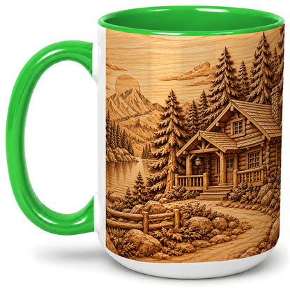 #pl[15oz|Green] Rustic Cabin Accent Mug, Ceramic Drinkware for Mountain Lovers