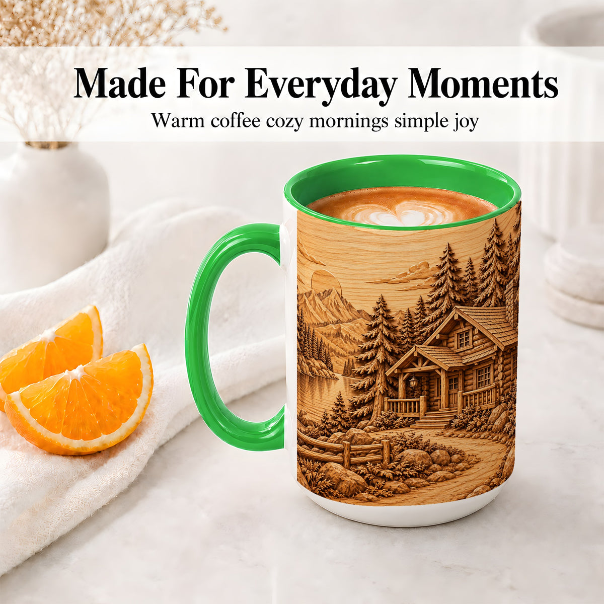 #pl[15oz|Green] Rustic Cabin Accent Mug, Ceramic Drinkware for Mountain Lovers