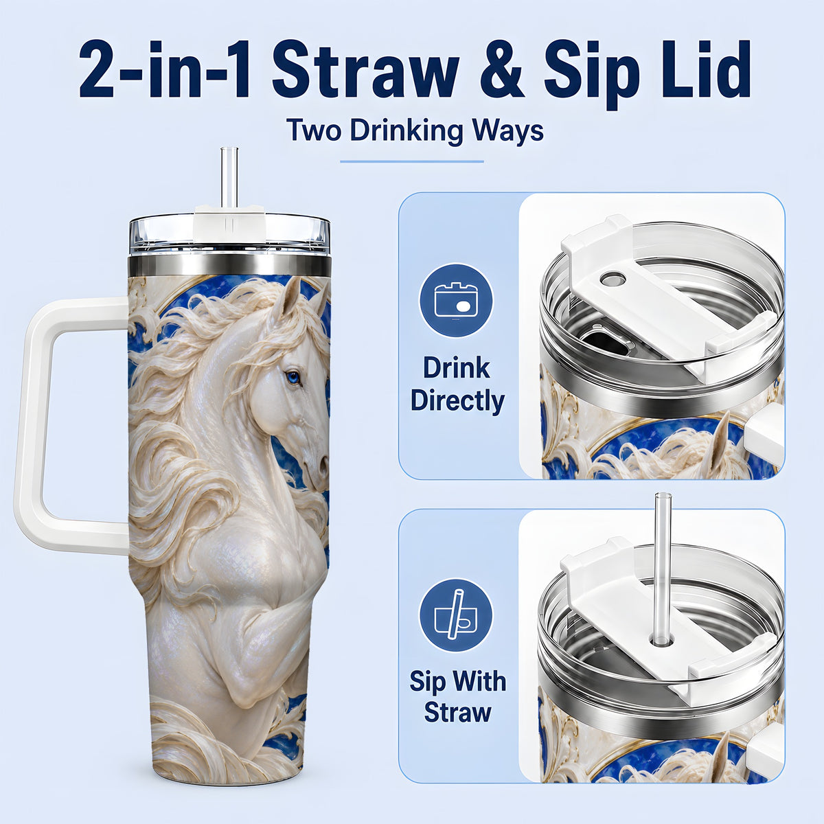 #pl[40oz|White] White Horse Floral 40oz Tumbler, Drinkware for Horse Lovers