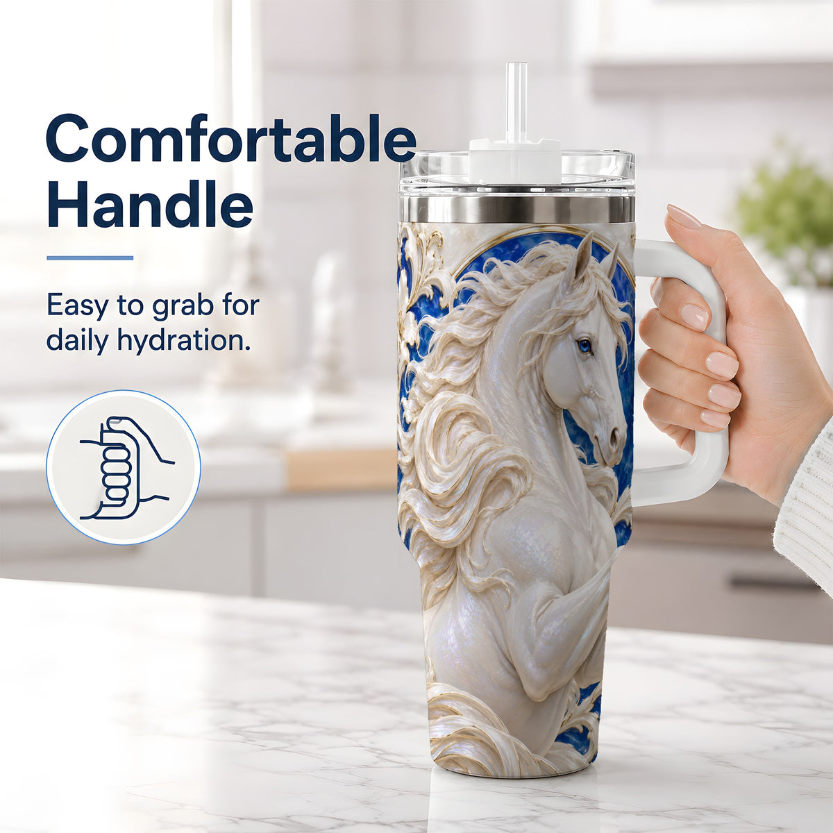 #pl[40oz|White] White Horse Floral 40oz Tumbler, Drinkware for Horse Lovers