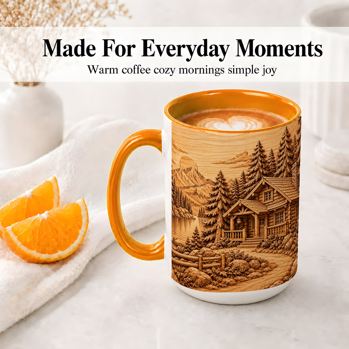 #pl[15oz|Orange] Rustic Cabin Accent Mug, Ceramic Drinkware for Mountain Lovers