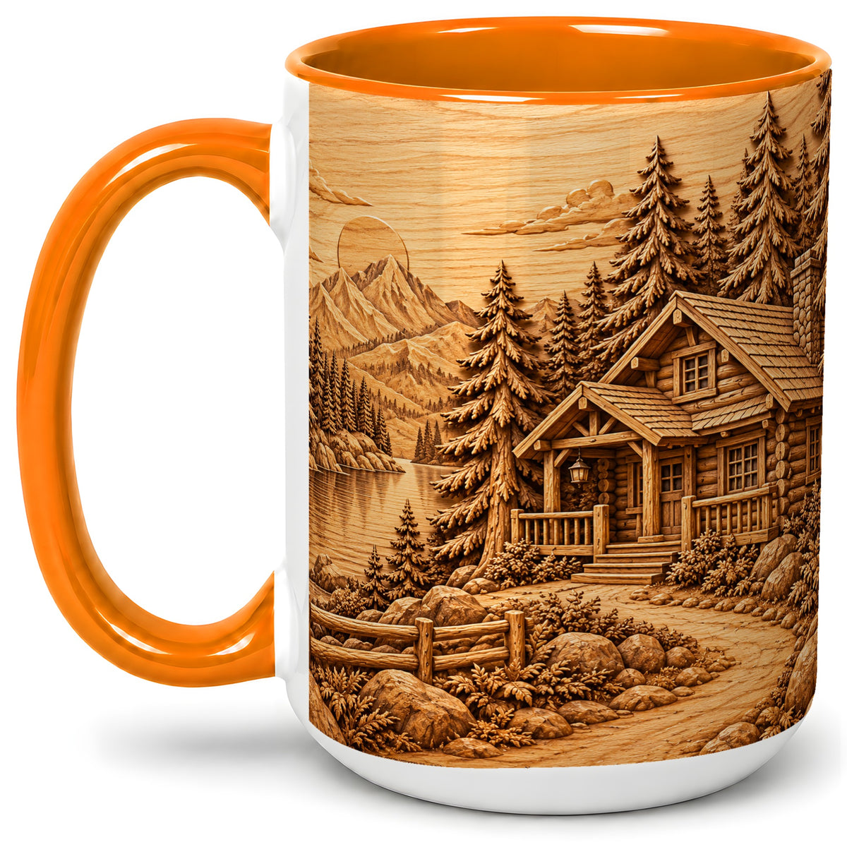 #pl[15oz|Orange] Rustic Cabin Accent Mug, Ceramic Drinkware for Mountain Lovers