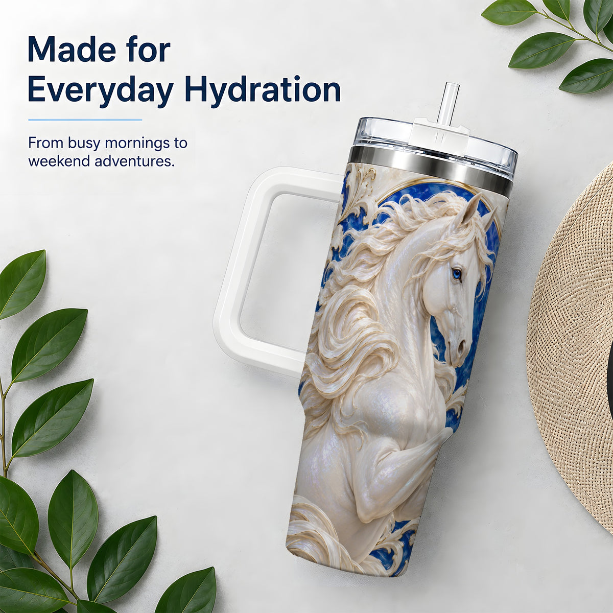 White Horse Floral 40oz Tumbler, Drinkware for Horse Lovers