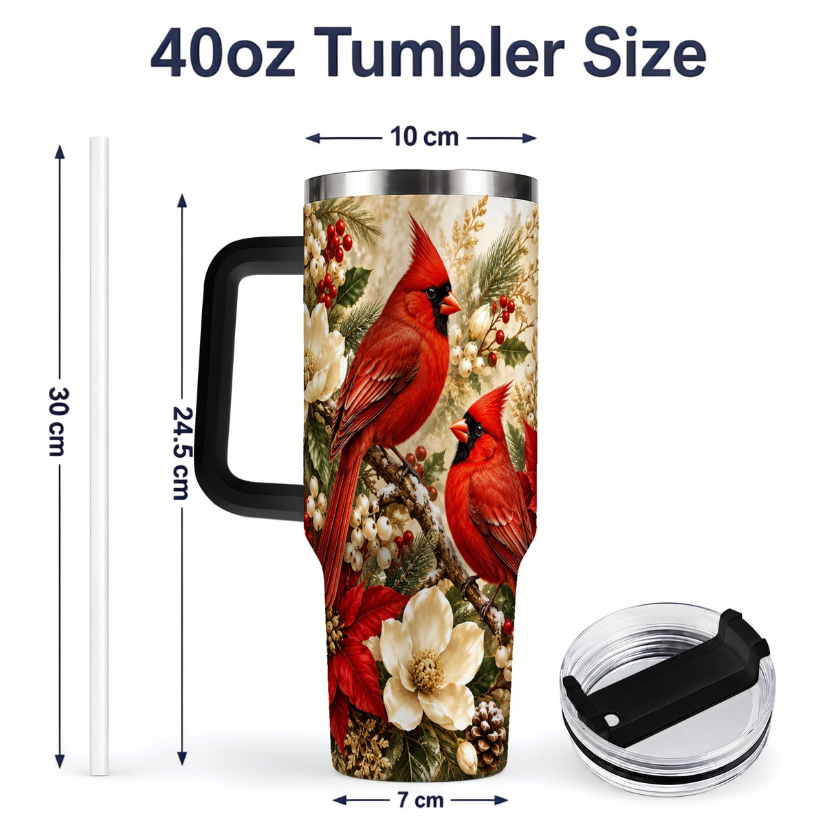 #pl[40oz|Black] Winter Cardinal 40oz Tumbler, Drinkware for Bird Lovers