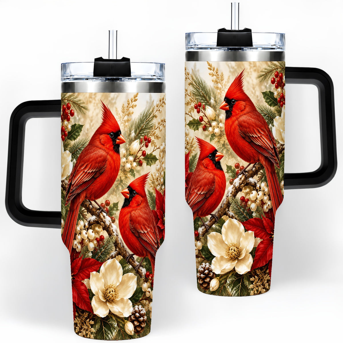#pl[40oz|Black] Winter Cardinal 40oz Tumbler, Drinkware for Bird Lovers