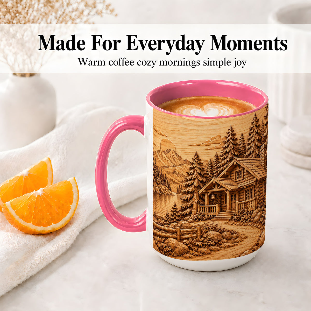 #pl[15oz|Pink] Rustic Cabin Accent Mug, Ceramic Drinkware for Mountain Lovers